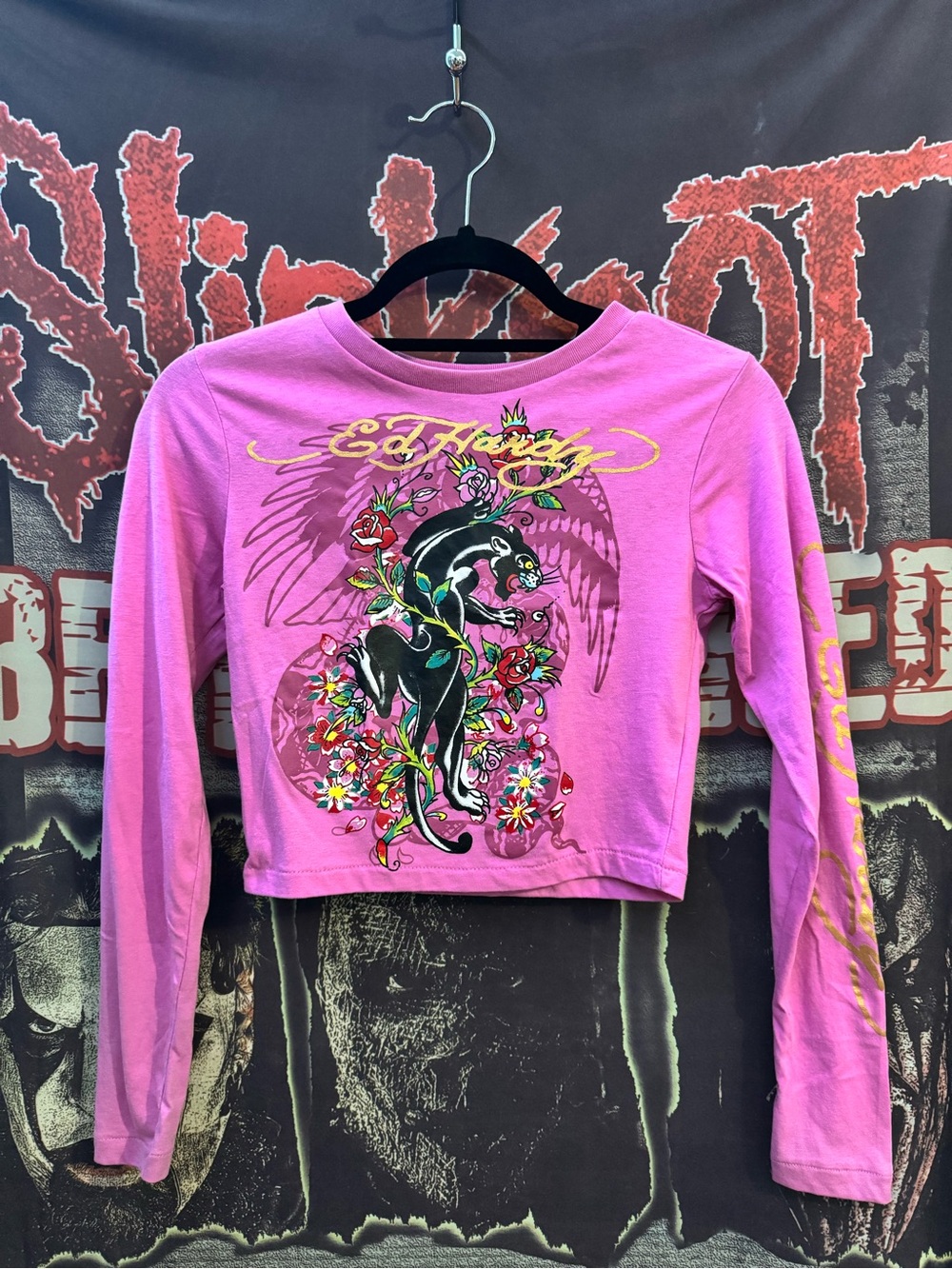 Ed Hardy Pink Long-Sleeve Graphic Crop Top with Panther Motif